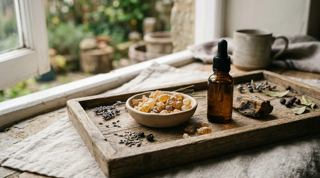 Golden frankincense resin tears in a clay dish beside an amber frankincense essential oil bottle on an oak tray
