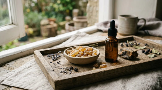 Golden frankincense resin tears in a clay dish beside an amber frankincense essential oil bottle on an oak tray