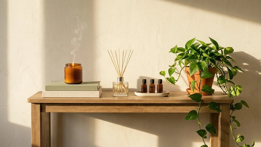 A lit soy candle in an amber jar, a reed diffuser, and amber essential oil bottles styled on an oak console with a trailing pothos plant in golden afternoon light