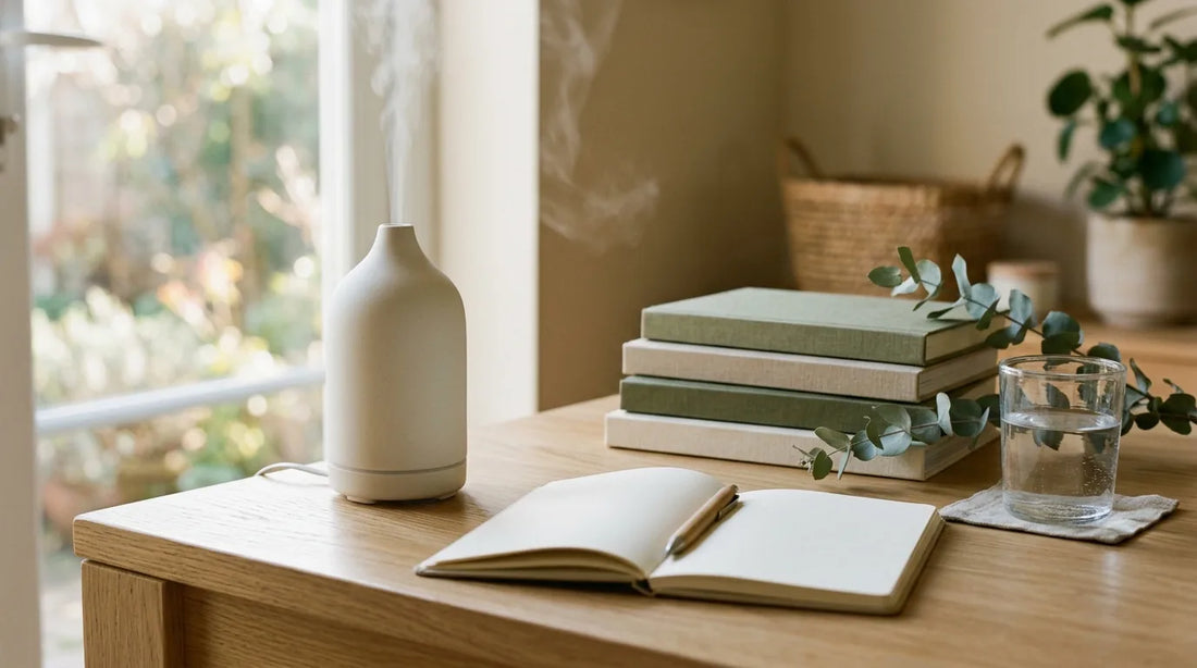 Home office diffuser on an oak desk with eucalyptus and a notebook in morning focus light