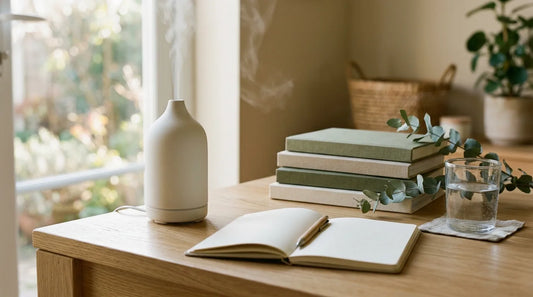 Home office diffuser on an oak desk with eucalyptus and a notebook in morning focus light