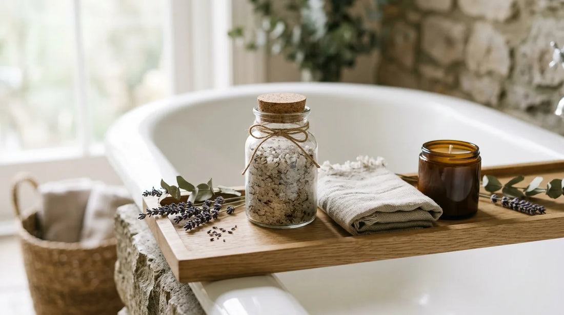Home spa kit with a jar of bath salt, folded towel, and candle on an oak tray with lavender and eucalyptus