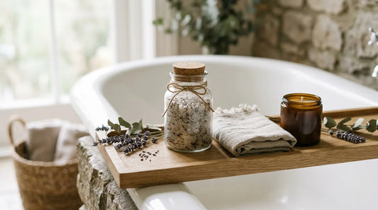 Home spa kit with a jar of bath salt, folded towel, and candle on an oak tray with lavender and eucalyptus