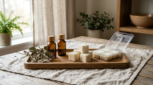 Homemade soy wax melts cubes and a clamshell mold on an oak tray with dried eucalyptus and amber oil bottles
