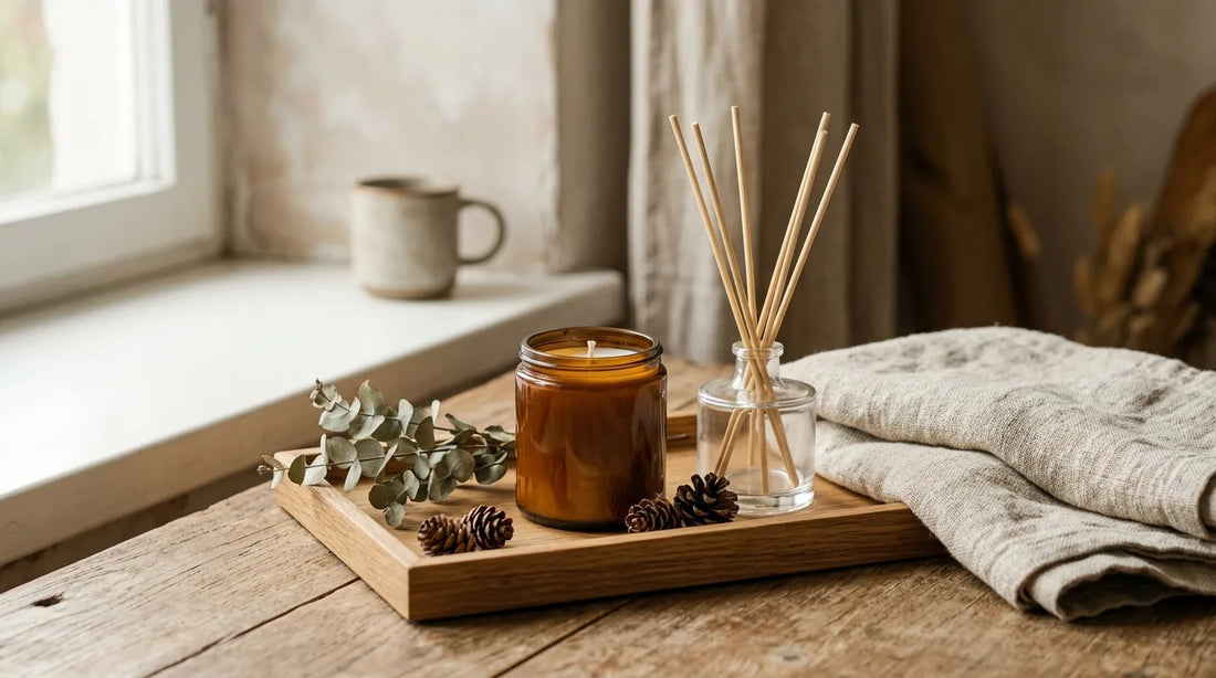 Amber candle and reed diffuser on an oak tray with eucalyptus and pinecones for a fall home reset