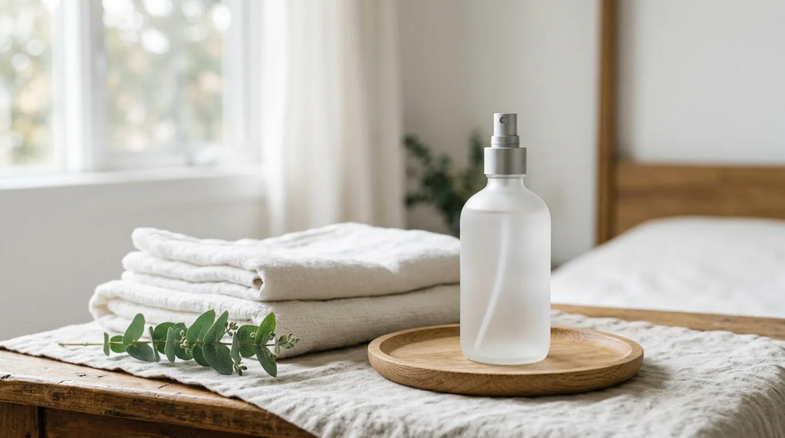 Unbranded frosted linen spray bottle on an oak tray with folded white linen and eucalyptus