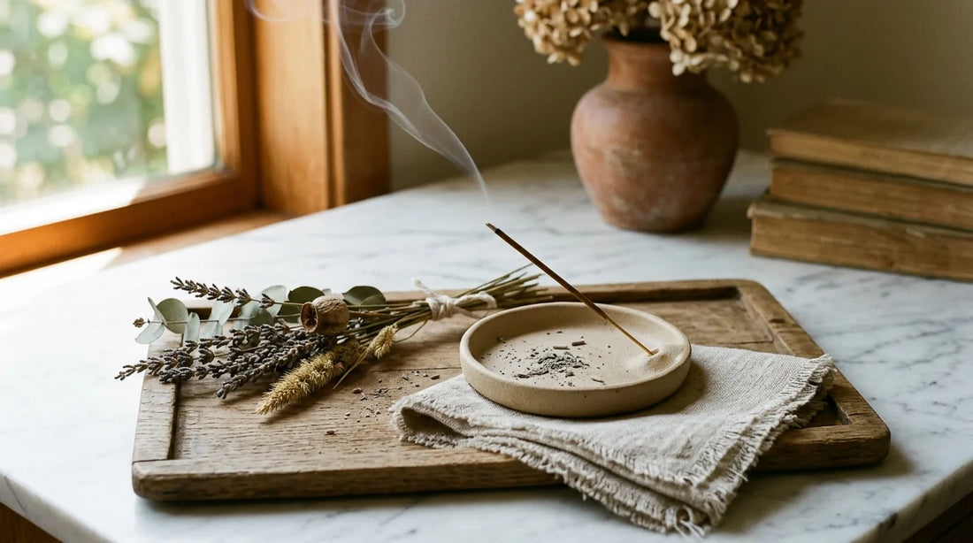 Thin incense sticks in a ceramic holder on an oak tray with dried botanicals