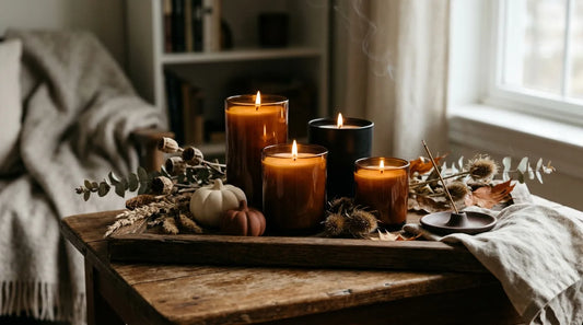 Amber and black glass candles at mixed heights on a dark oak tray with dried botanicals and small pumpkins for a moody Halloween home