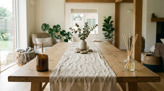 A soy candle and reed diffuser at opposite ends of a console table in an open-plan room