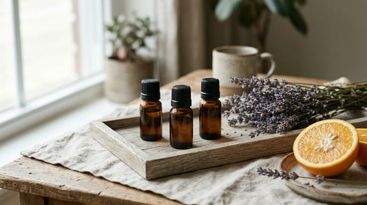 Three blank amber essential oil bottles on an oak tray with dried lavender and a halved orange