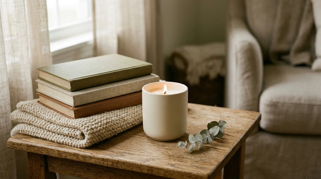 Soy candle on an oak side table beside a stack of books and a knit throw in a cozy reading nook