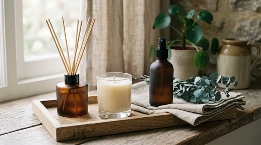 Reed diffuser, soy candle, and mist bottle grouped on an oak tray with eucalyptus for layered home scent