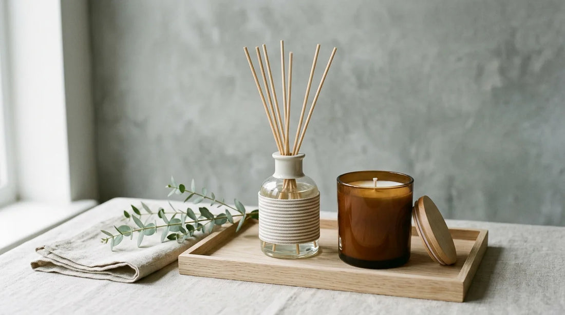 Clean reed diffuser and citrus candle on an oak tray with eucalyptus for a fresh basement scent