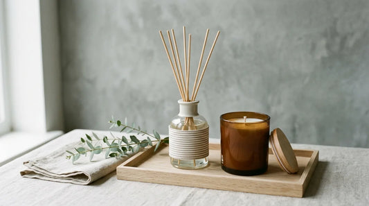 Clean reed diffuser and citrus candle on an oak tray with eucalyptus for a fresh basement scent