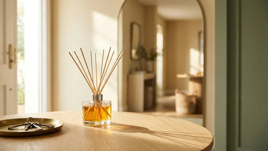 A reed diffuser with fanned rattan reeds glowing in morning light on a round oak entryway table beside a brass tray of keys, arched mirror in the background