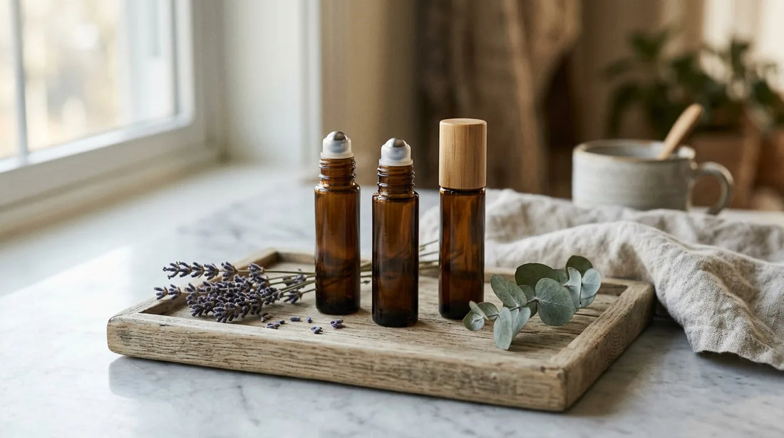 Three blank amber roll-on oil bottles on an oak tray with dried lavender and eucalyptus
