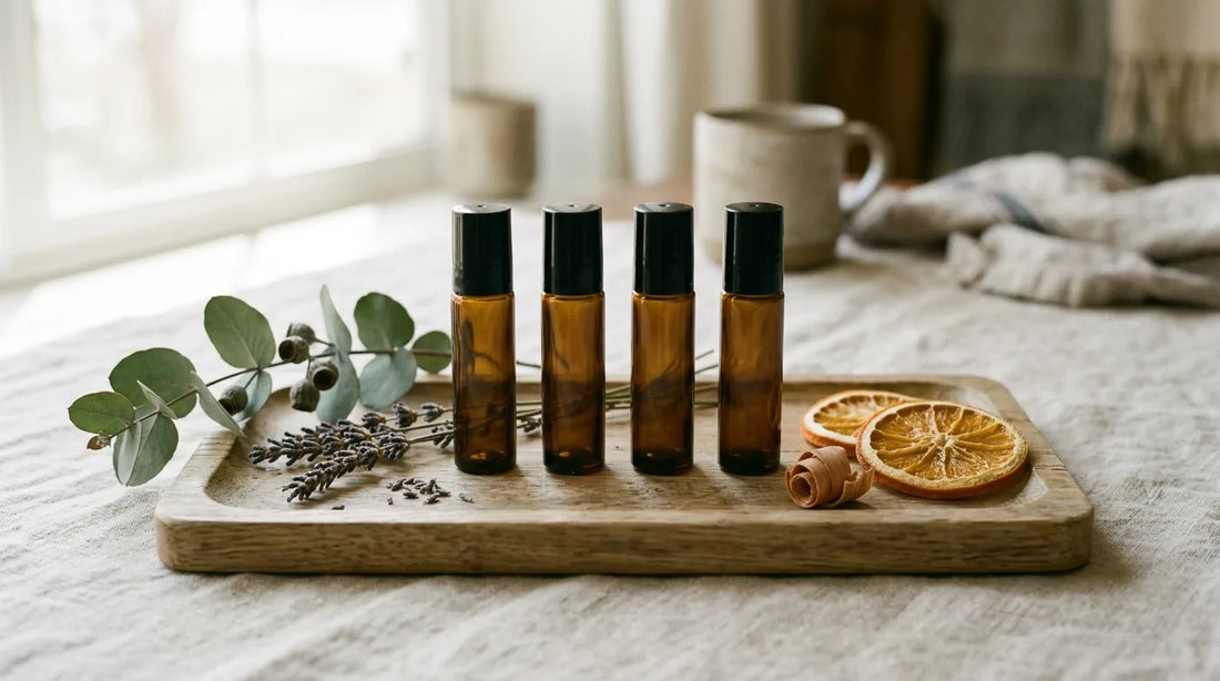 Four blank amber roller bottles on an oak tray with lavender, eucalyptus, orange, and cedar