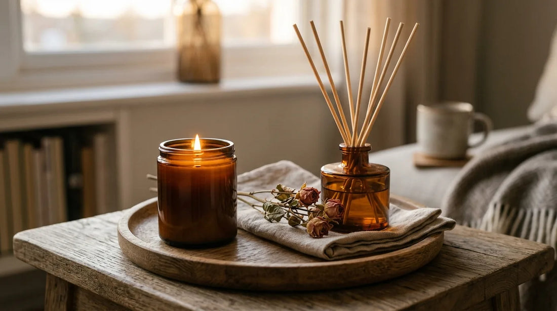 Warm amber candle and matching reed diffuser on an oak tray with dried roses for a romantic anniversary gift