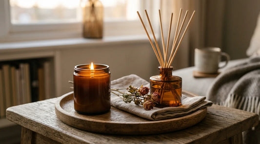 Warm amber candle and matching reed diffuser on an oak tray with dried roses for a romantic anniversary gift