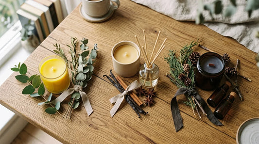 Birthday gift sets grouped by scent personality — fresh, cozy, and bold — on an oak table