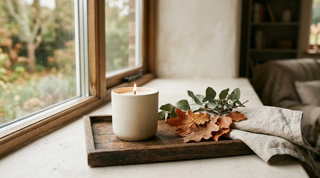 Seasonal living fall candle on an oak tray with dried autumn leaves and eucalyptus by a window