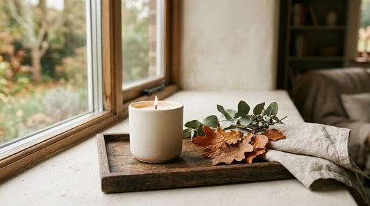 Seasonal living fall candle on an oak tray with dried autumn leaves and eucalyptus by a window