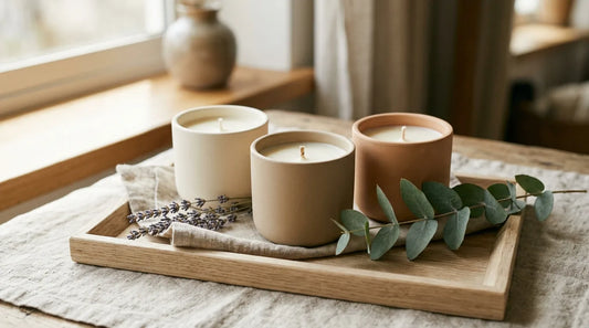 Three unbranded soy candles on an oak tray with dried lavender and eucalyptus for finding a signature scent