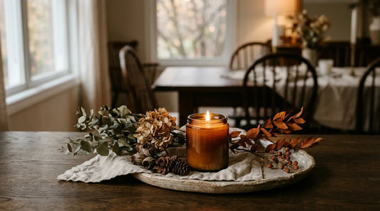 Warm soy candle on an oak sideboard tray with dried botanicals for a dinner party