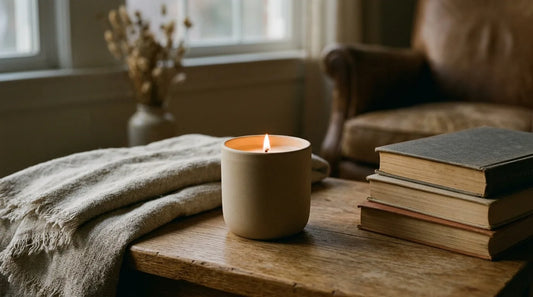 A single lit soy candle on an oak side table beside a linen throw and books for a cozy solo night in
