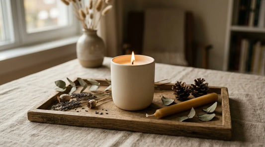 Single lit soy candle in a ceramic vessel on an oak tray with dried botanicals and pinecones