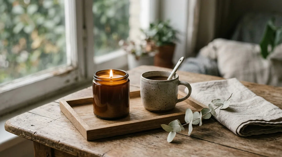 Lit soy candle on an oak tray beside a mug and dried eucalyptus in soft morning light