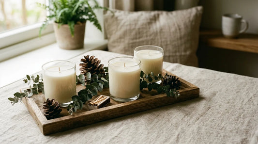 Three unlit soy candles in glass jars on an oak tray with dried eucalyptus and pinecones