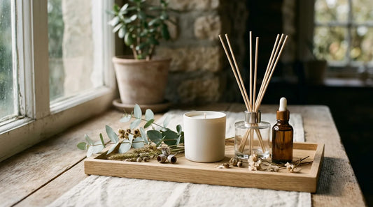 Reed diffuser, soy candle, and oil bottle grouped on an oak tray with eucalyptus for a Sunday home scent reset