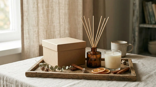 Boxed candle and reed diffuser gift set on an oak tray with cinnamon sticks and eucalyptus for a Thanksgiving host gift