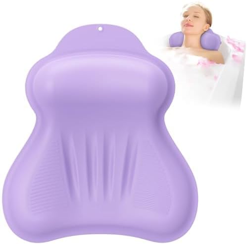 Silicone Bath Pillow, New Material Bath Pillows for Tub Head Neck and Back Support, Bath Tub Pillow with 4D Press Inflatable Airbag and Non-Slip Strong Suction Cups, Quick-Drying, Easy to Store,Purple