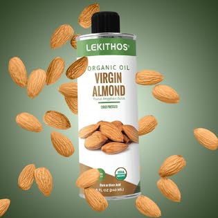 Lekithos Organic Sweet Almond Oil, 100% Certified Organic, Cold Pressed, Unrefined, Rich in Omega 3, 8oz, Single Ingredient Nutrition, Non-GMO