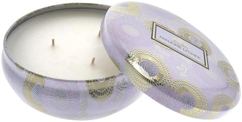 Voluspa Panjore Lychee, 3 Wick Tin Candle, 12 ounce, 40 Hour Burn Time, Coconut Wax for Clean Burning, Handcrafted in the USA