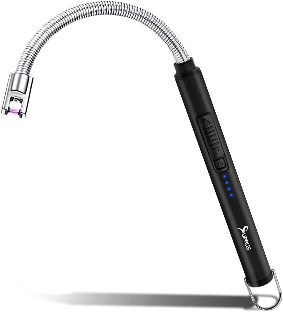 SUPRUS Electric Candle Lighter USB Type C Rechargeable Lighter Steel Shell & Hanging Hook with 360° Flexible Neck (Black)