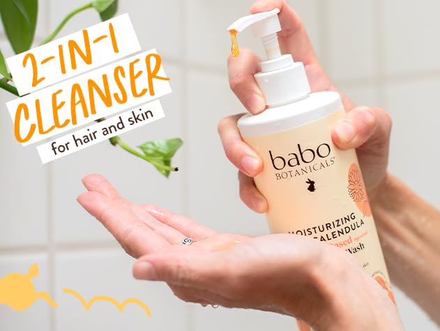 Babo Botanicals Moisturizing Oat & Calendula 2-in-1 Shampoo & Wash – Gentle Cleansing for Dry or Sensitive Skin – Safe for Baby, Toddler, Kids & Family – Lightly Scented – Vegan