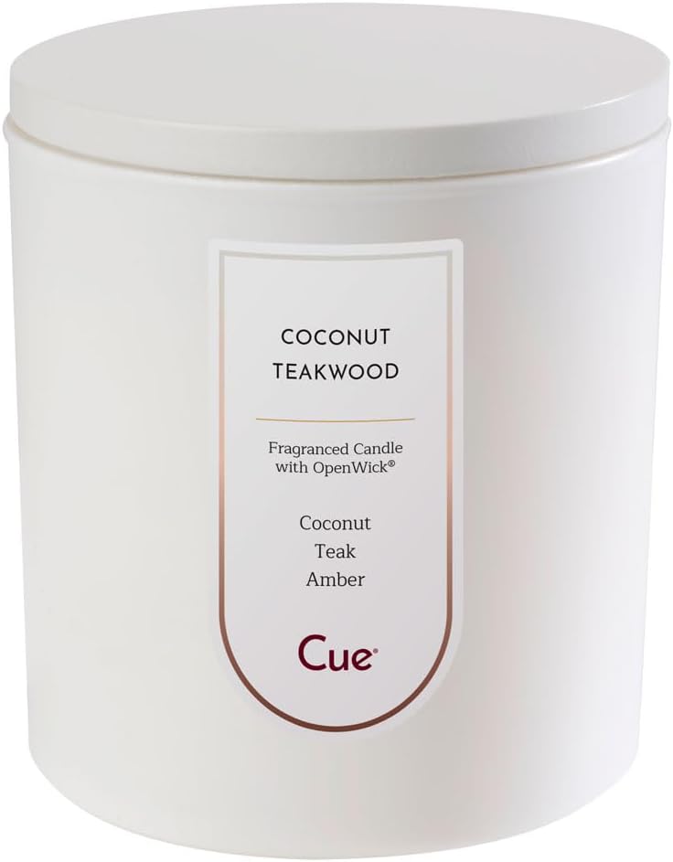 CUE Coconut Teakwood Scented Candle | Spring Summer Candle | Soy Coconut Wax Blend | Made in USA | 50 Hour Burn Time | 8.5oz White Color
