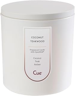 CUE Coconut Teakwood Scented Candle | Spring Summer Candle | Soy Coconut Wax Blend | Made in USA | 50 Hour Burn Time | 8.5oz White Color