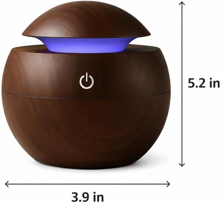 Aroma Essential Oil Diffuser Humidifier, Wood Grain Design, USB Powered, LED Light Ring, 300ml Capacity, 3.9 x 5.2 in