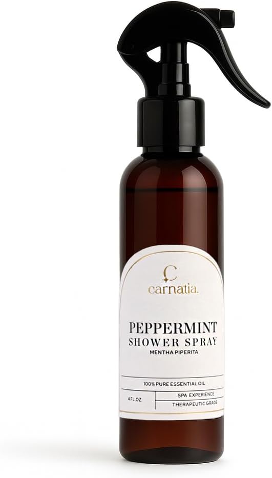 Carnatia Peppermint Shower Spray – Aromatherapy Essential Oil Mist for Showers | Spa-Like Refreshing Steam Experience | 4 fl oz Trigger Pump Spray for Focus & Energy