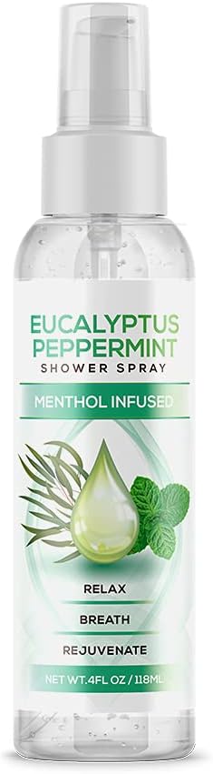 Eucalyptus Peppermint Shower Spray, All Natural Essential Oil for Spa, Steam Room, Linens and Baths, Cool and Refreshing