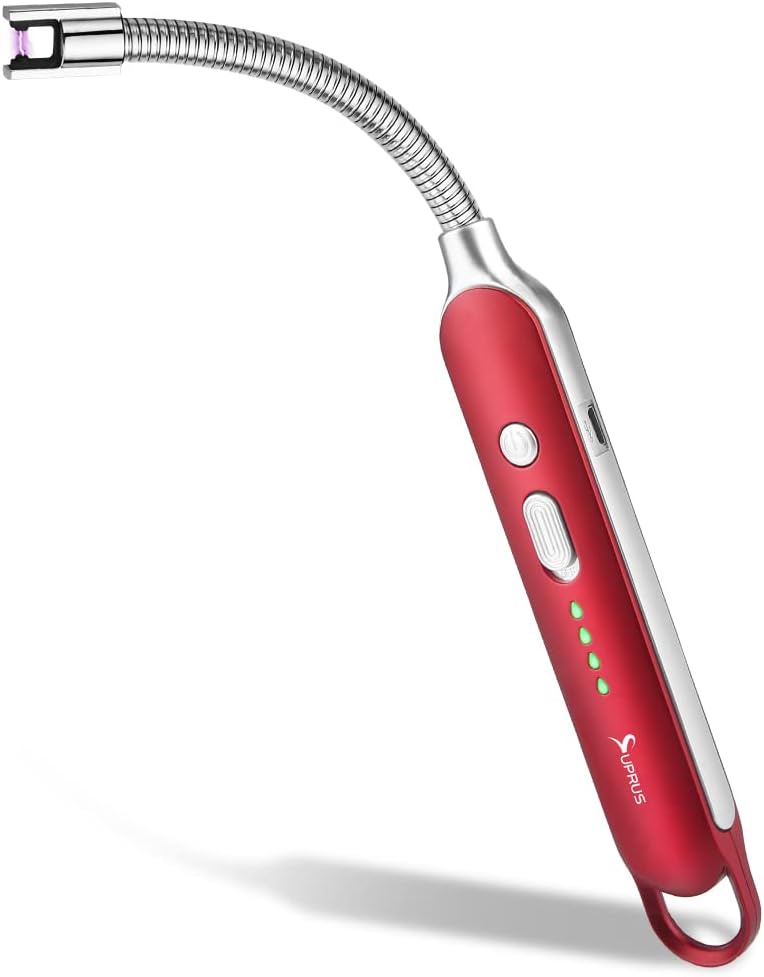 SUPRUS Electric Rechargeable Arc Lighter with LED Battery Display Long Flexible Neck USB Lighter for Candle Cooking (Red)