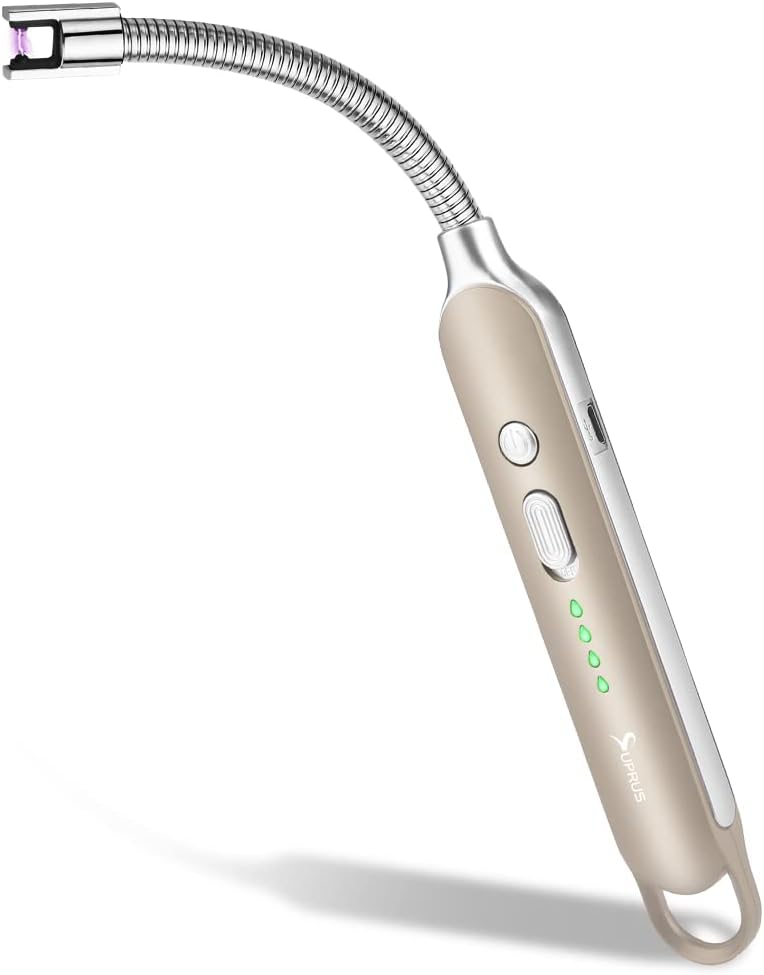 SUPRUS Electric Rechargeable Arc Lighter with LED Battery Display Long Flexible Neck USB Lighter for Candle Cooking (Champagne)