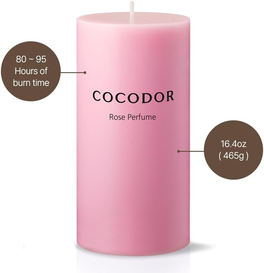 COCODOR Scented Pillar Candles, 3x6 Inch, Rose Perfume, Candle Set of 3, Long Buring 85 Hours, Candles for Weddings, Party, Dinner, Home Decor.