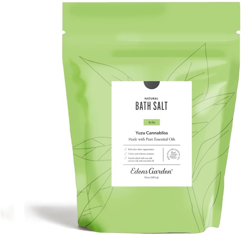 Edens Garden Ache Bath Salt Soak – Yuzu Cannabliss Blend with Pure Essential Oils, Epsom, Dead Sea Salt & Magnesium – for Men & Women, Tension Relief & Muscle Recovery After Workout, 10 oz (283 g)