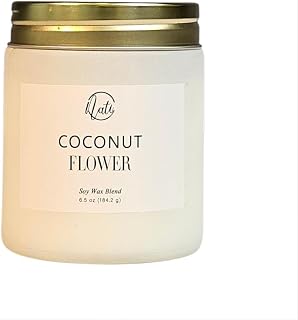 CW Studio Set of 4 Coconut Flower Scented Candles – Natural Soy Wax Blend – 6.5oz Frosted Sage Glass Jar with Gold Screw Lid – Single Cotton Wick, 33H, Smokeless (White)