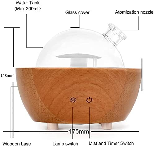 Glass Aromatherapy Essential Oil Diffuser, 200ml Natural Wood Base, Desktop Ultrasonic Aroma Diffuse Essential Oil Humidifier,LED Light Available in 7 Colors, Suitable for Home Office Bedroom